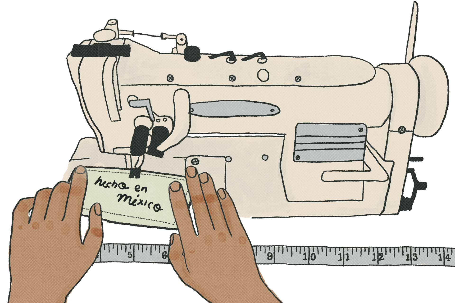 Máquina de coser cosiendo un parche que dice: 'Hecho en México'